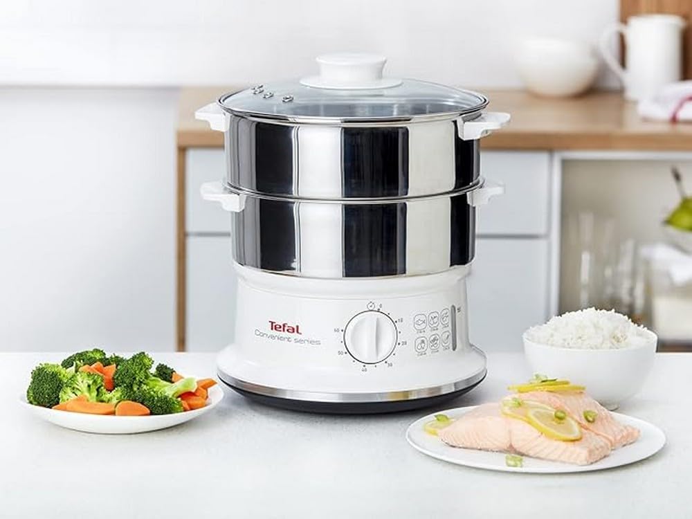 Tefal Dampfgarer VC1451 | 2 Edelstahlbehälter | 6L Fassungsvermögen | 24cm Durchmesser | Timer und automatische Abschaltung | 900W | Weiß