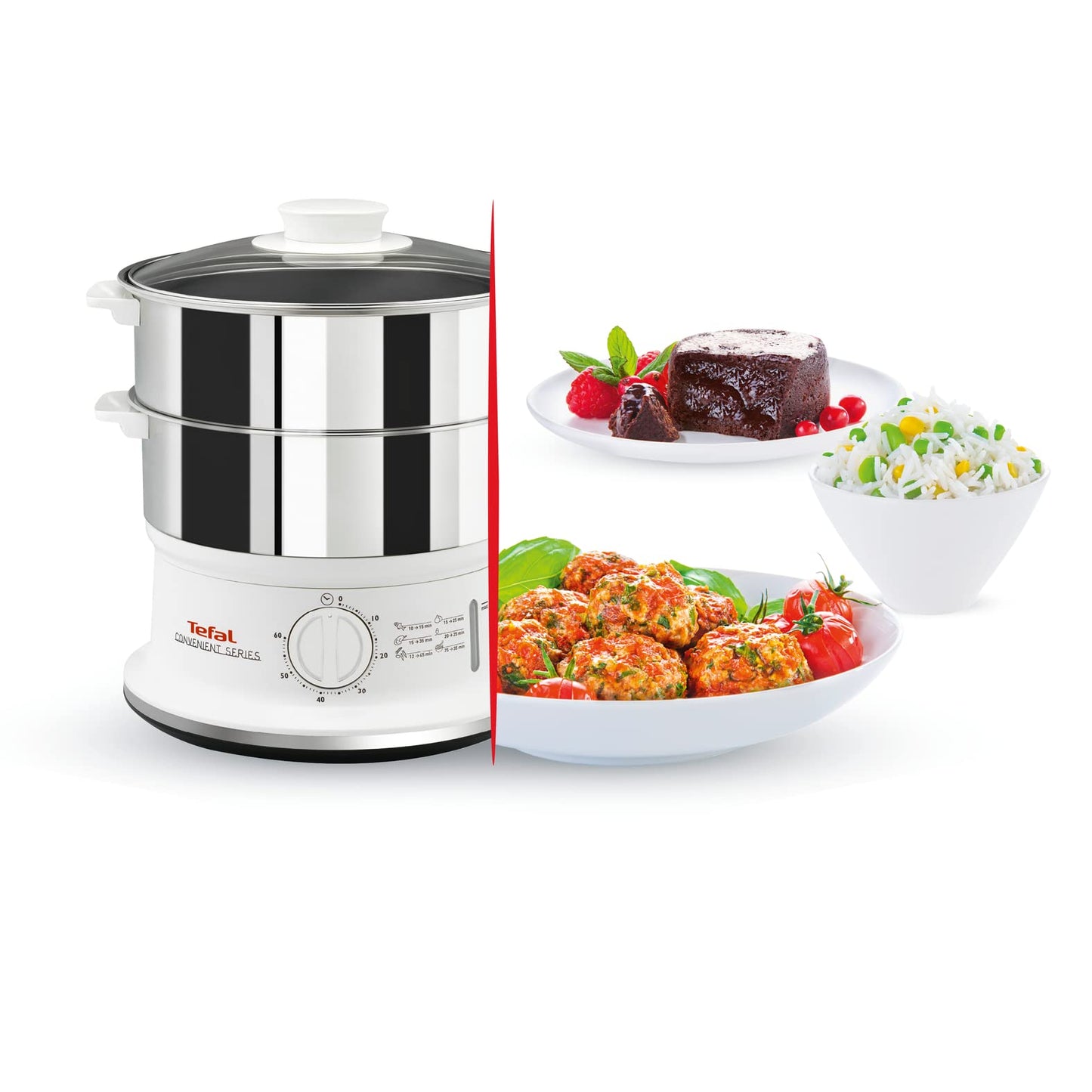 Tefal Dampfgarer VC1451 | 2 Edelstahlbehälter | 6L Fassungsvermögen | 24cm Durchmesser | Timer und automatische Abschaltung | 900W | Weiß