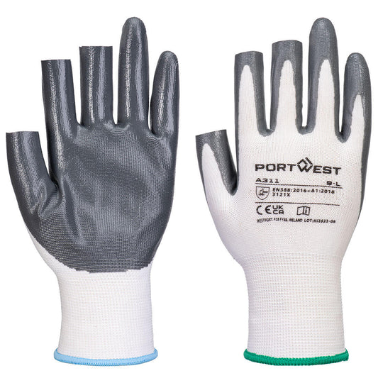 Portwest Grip 13 Nitril 3 Fingerlose Handschuhe (Pk12) – A311 – Weiss/Grau
